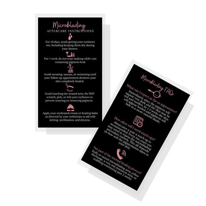 Boutique Marketing LLC Microblading Aftercare Cards – 50 Pack, 3.5 x 2 inches, Disposable FAQ & Care Instructions, Black & Rosey Pink Design