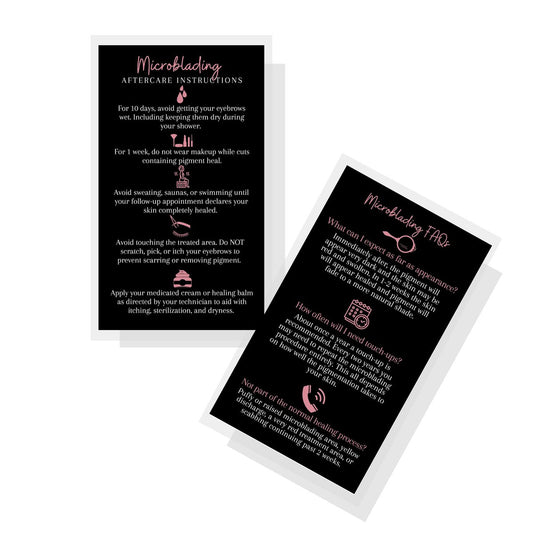 Boutique Marketing LLC Microblading Aftercare Cards – 50 Pack, 3.5 x 2 inches, Disposable FAQ & Care Instructions, Black & Rosey Pink Design