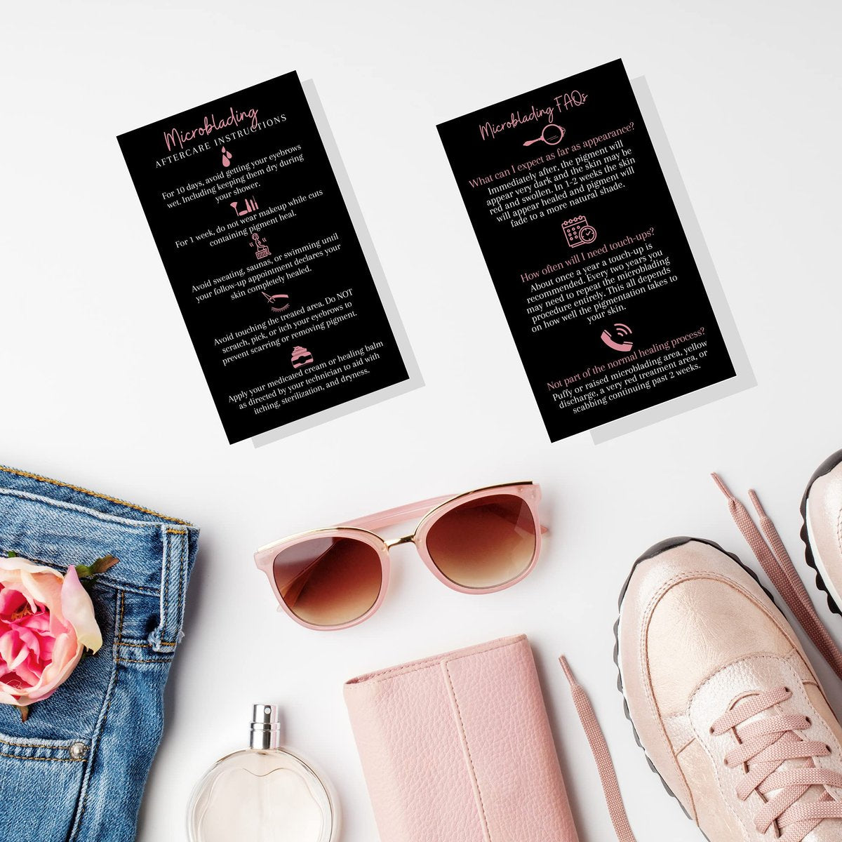 Boutique Marketing LLC Microblading Aftercare Cards – 50 Pack, 3.5 x 2 inches, Disposable FAQ & Care Instructions, Black & Rosey Pink Design - görsel 15