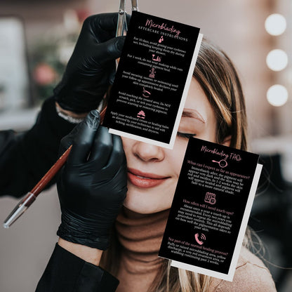 Boutique Marketing LLC Microblading Aftercare Cards – 50 Pack, 3.5 x 2 inches, Disposable FAQ & Care Instructions, Black & Rosey Pink Design