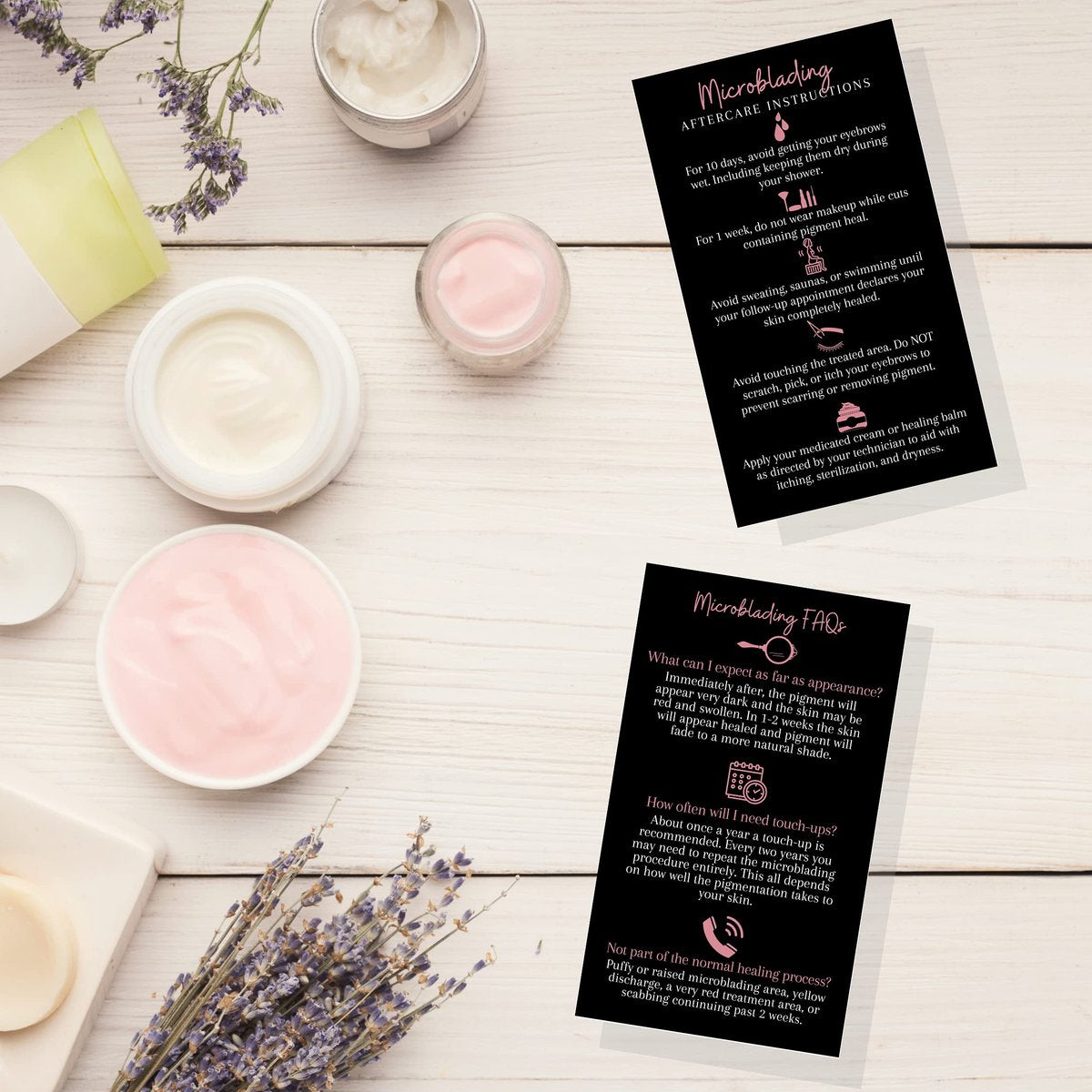 Boutique Marketing LLC Microblading Aftercare Cards – 50 Pack, 3.5 x 2 inches, Disposable FAQ & Care Instructions, Black & Rosey Pink Design - görsel 17