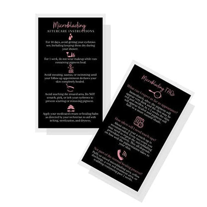 Boutique Marketing LLC Microblading Aftercare Cards – 50 Pack, 3.5 x 2 inches, Disposable FAQ & Care Instructions, Black & Rosey Pink Design