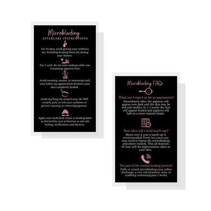 Boutique Marketing LLC Microblading Aftercare Cards – 50 Pack, 3.5 x 2 inches, Disposable FAQ & Care Instructions, Black & Rosey Pink Design