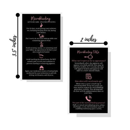 Boutique Marketing LLC Microblading Aftercare Cards – 50 Pack, 3.5 x 2 inches, Disposable FAQ & Care Instructions, Black & Rosey Pink Design