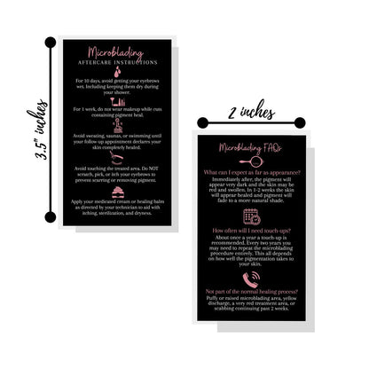 Boutique Marketing LLC Microblading Aftercare Cards – 50 Pack, 3.5 x 2 inches, Disposable FAQ & Care Instructions, Black & Rosey Pink Design