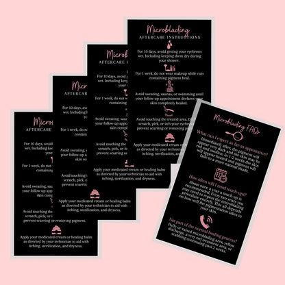 Boutique Marketing LLC Microblading Aftercare Cards – 50 Pack, 3.5 x 2 inches, Disposable FAQ & Care Instructions, Black & Rosey Pink Design