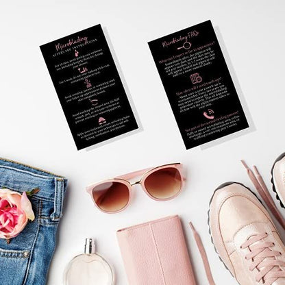 Boutique Marketing LLC Microblading Aftercare Cards – 50 Pack, 3.5 x 2 inches, Disposable FAQ & Care Instructions, Black & Rosey Pink Design