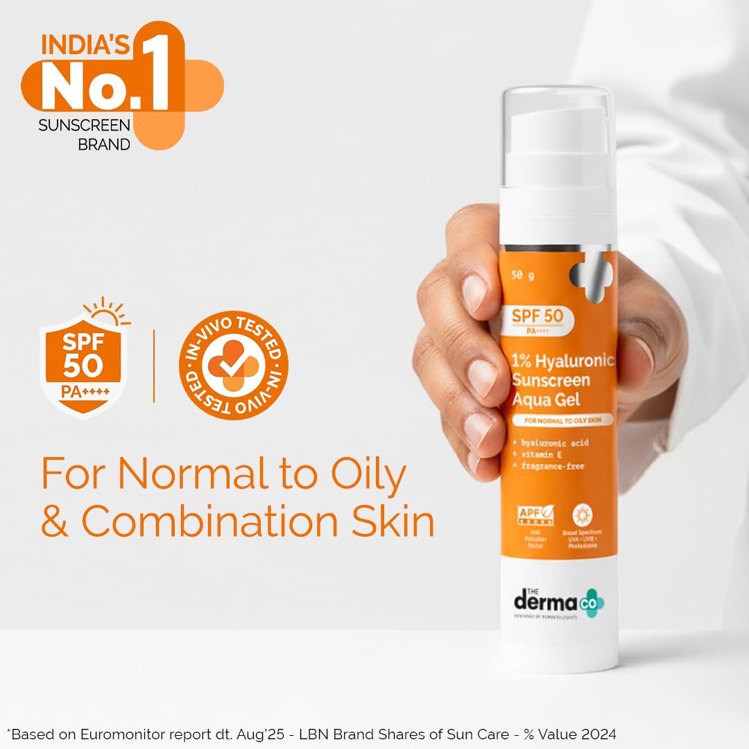 The Derma Co 1% Hyaluronic Sunscreen Aqua Gel SPF 50 PA++++ | Broad Spectrum Sunscreen with Blue Light Protection | Lightweight & Quick Absorbing | 1.76 Oz (50g) Avelisse