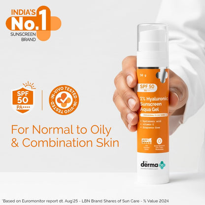 The Derma Co 1% Hyaluronic Sunscreen Aqua Gel SPF 50 PA++++ | Broad Spectrum Sunscreen with Blue Light Protection | Lightweight & Quick Absorbing | 1.76 Oz (50g) Avelisse