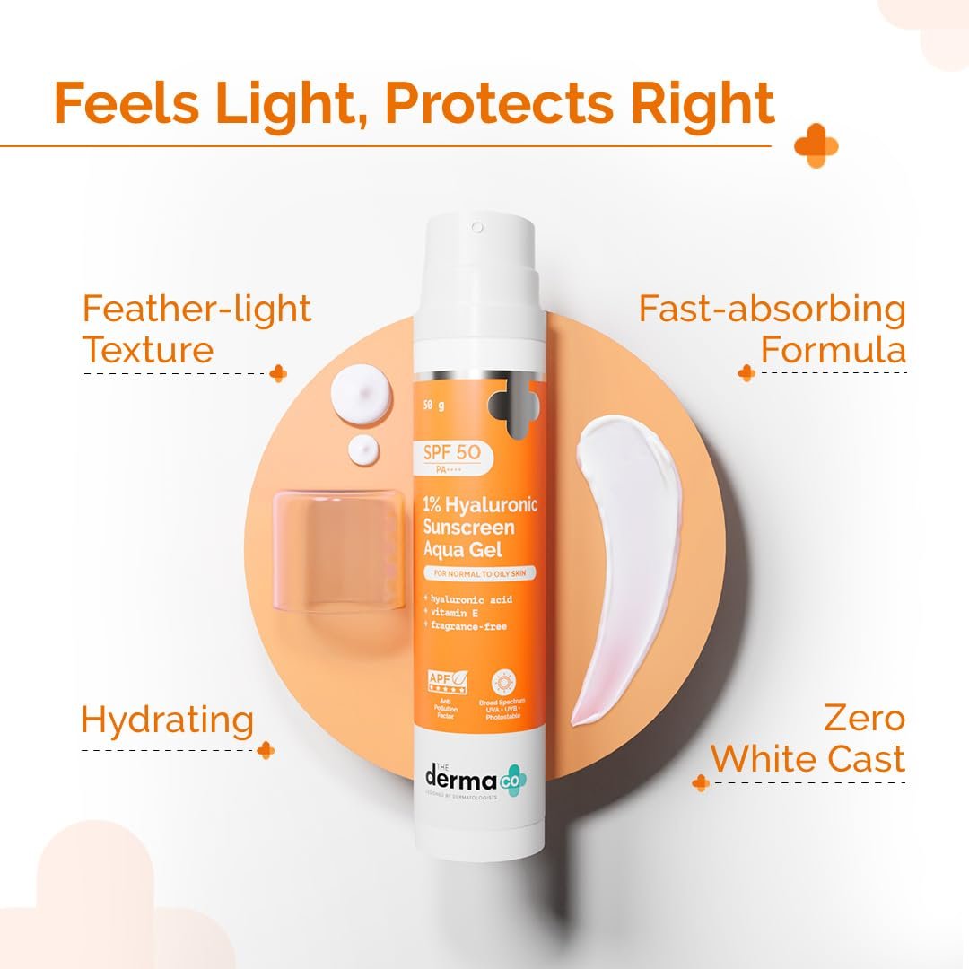 The Derma Co 1% Hyaluronic Sunscreen Aqua Gel SPF 50 PA++++ | Broad Spectrum Sunscreen with Blue Light Protection | Lightweight & Quick Absorbing | 1.76 Oz (50g) Avelisse