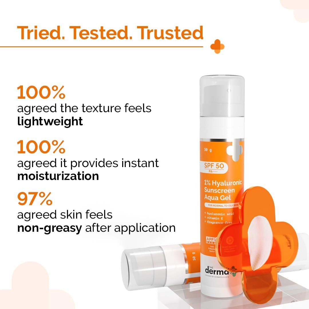 The Derma Co 1% Hyaluronic Sunscreen Aqua Gel SPF 50 PA++++ | Broad Spectrum Sunscreen with Blue Light Protection | Lightweight & Quick Absorbing | 1.76 Oz (50g) Avelisse