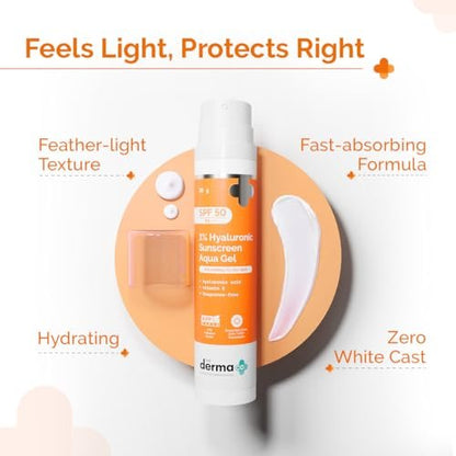 The Derma Co 1% Hyaluronic Sunscreen Aqua Gel SPF 50 PA++++ | Broad Spectrum Sunscreen with Blue Light Protection | Lightweight & Quick Absorbing | 1.76 Oz (50g) Avelisse