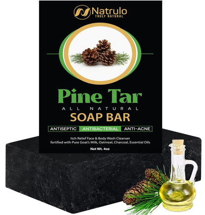 Natrulo All Natural Pine Tar Soap Bar 4oz – Cleansing Anti Acne Eczema Psoriasis Itch Relief Face & Body Wash with Goat's Milk, Oatmeal, Charcoal, Essential Oils – Made in USA