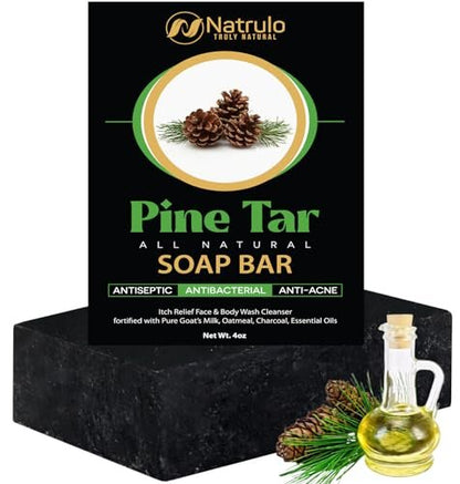 Natrulo All Natural Pine Tar Soap Bar 4oz – Cleansing Anti Acne Eczema Psoriasis Itch Relief Face & Body Wash with Goat's Milk, Oatmeal, Charcoal, Essential Oils – Made in USA