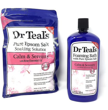 Dr Teals Calm & Serenity with Rose Essential Oil - Epsom Salt Soaking Solution 3 LBS & Foaming Bath 34 FL OZ Bundle Avelisse