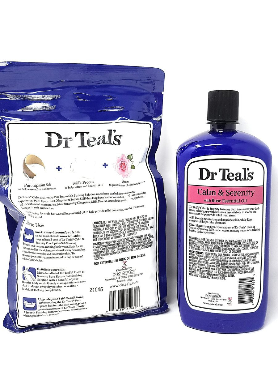 Dr Teals Calm & Serenity with Rose Essential Oil - Epsom Salt Soaking Solution 3 LBS & Foaming Bath 34 FL OZ Bundle Avelisse