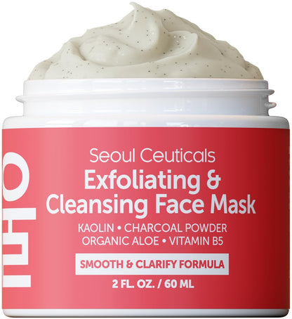 SeoulCeuticals Korean Face Scrub - Exfoliating Kaolin Clay & Charcoal Mask for Glass Skin, 2oz Avelisse