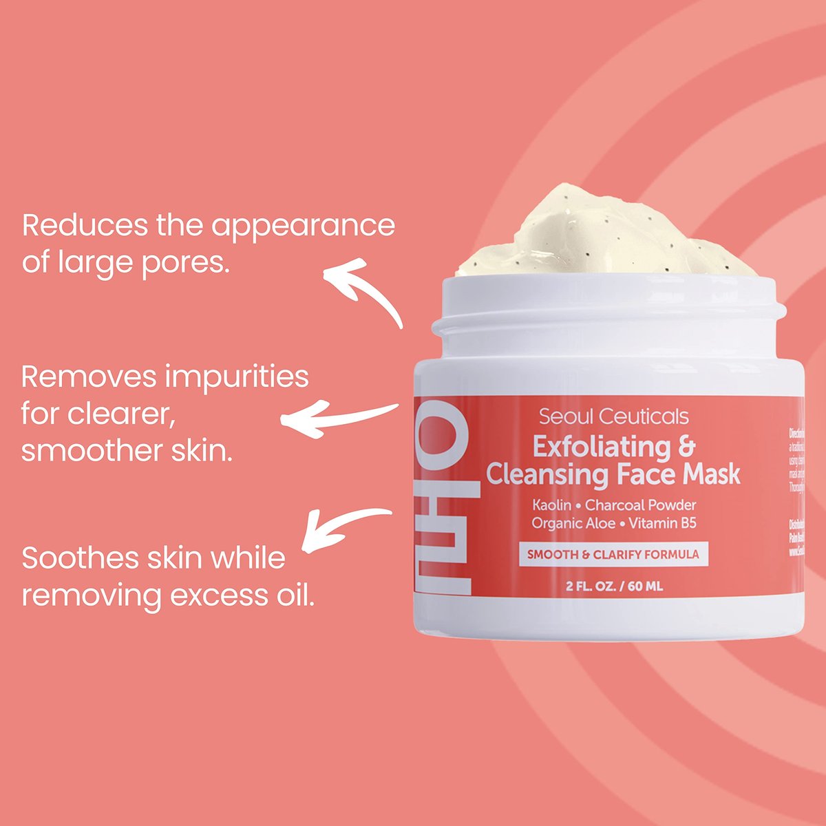 SeoulCeuticals Korean Face Scrub - Exfoliating Kaolin Clay & Charcoal Mask for Glass Skin, 2oz Avelisse
