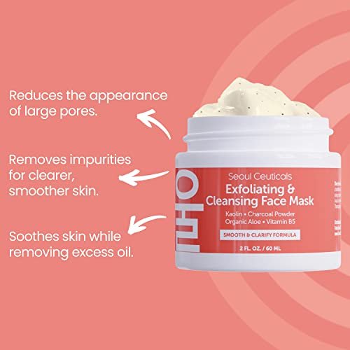 SeoulCeuticals Korean Face Scrub - Exfoliating Kaolin Clay & Charcoal Mask for Glass Skin, 2oz Avelisse