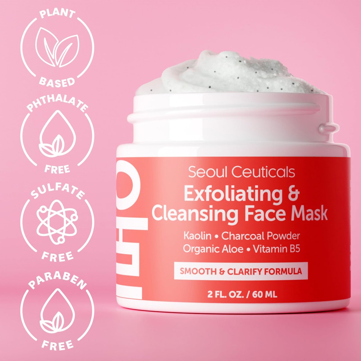 SeoulCeuticals Korean Face Scrub - Exfoliating Kaolin Clay & Charcoal Mask for Glass Skin, 2oz Avelisse