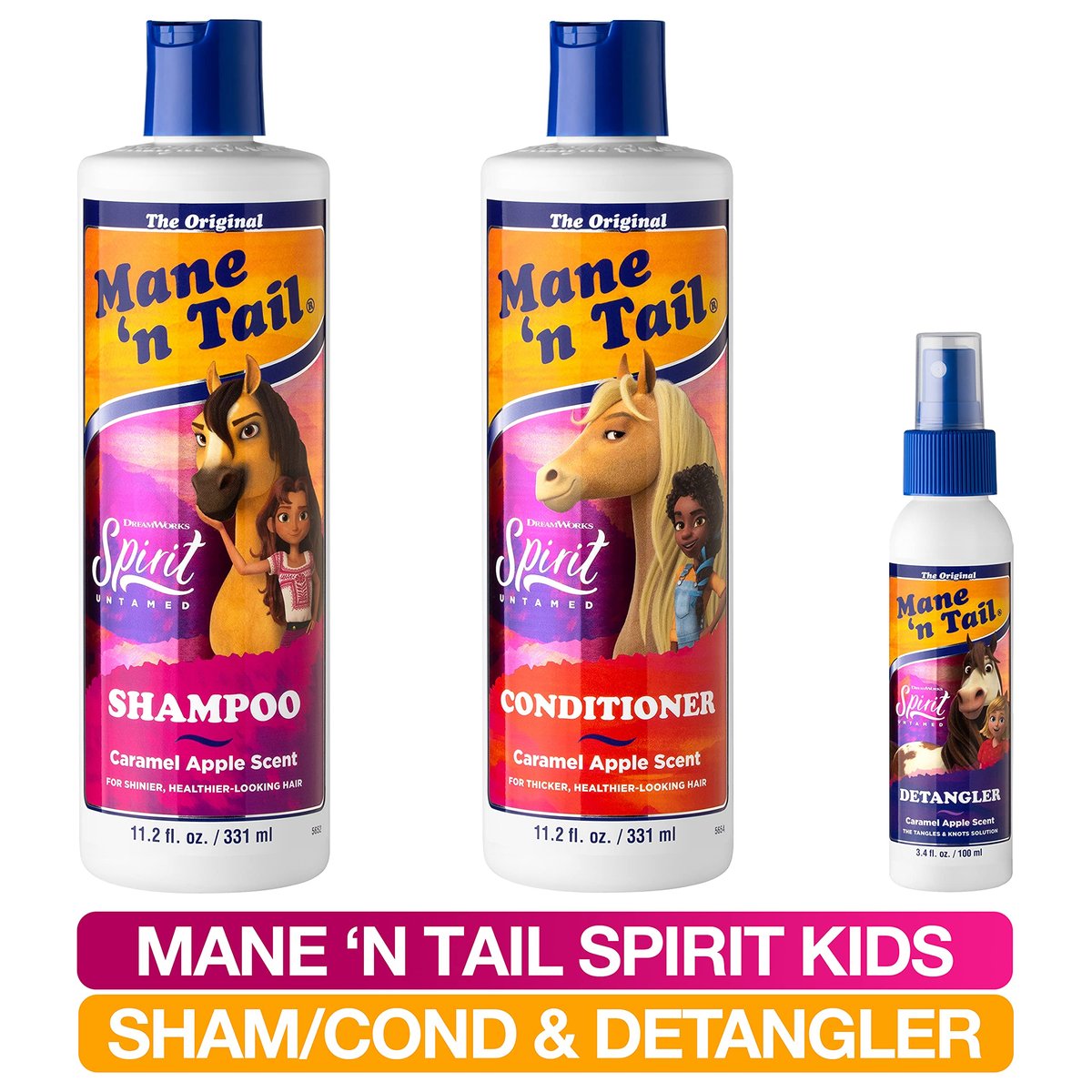 Mane 'n Tail Spirit Untamed Shampoo, Conditioner & Detangler Set – Caramel Apple Scented, Gentle Coconut Oil Formula for Kids, Soft, Silky Hair (3-Piece Kit) Avelisse