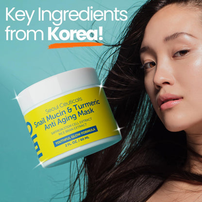 SeoulCeuticals Snail Mucin Turmeric Face Mask – Korean Anti Aging Sheet Mask for Healthy Glow, 2oz Avelisse