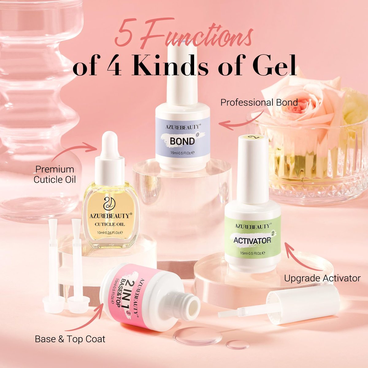 AZUREBEAUTY Dip Powder Liquid Set 15ml/0.5oz – Complete Nail Dipping Kit with Base Coat, Activator, Top Coat, Bond & Cuticle Oil, No Nail Lamp Needed - görsel 9