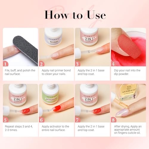 AZUREBEAUTY Dip Powder Liquid Set 15ml/0.5oz – Complete Nail Dipping Kit with Base Coat, Activator, Top Coat, Bond & Cuticle Oil, No Nail Lamp Needed - görsel 14
