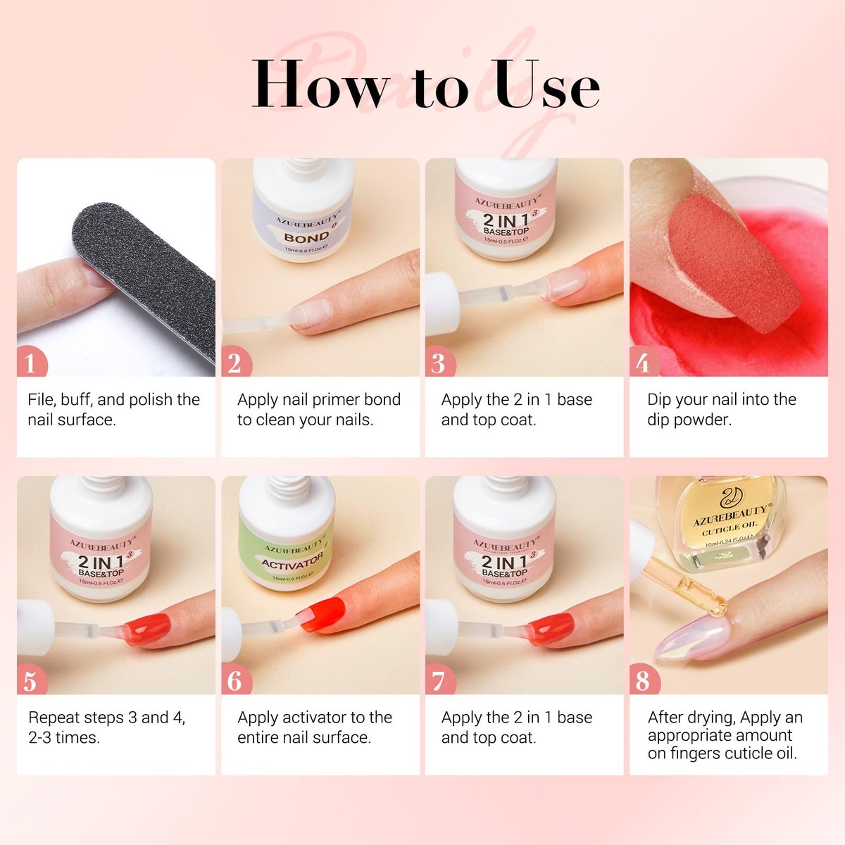 AZUREBEAUTY Dip Powder Liquid Set 15ml/0.5oz – Complete Nail Dipping Kit with Base Coat, Activator, Top Coat, Bond & Cuticle Oil, No Nail Lamp Needed - görsel 13