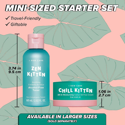 I Dew Care Travel Skincare Set - Kitten Crush: Hydrating Facial Toner & Moisturizer for Blemished Skin with Centella Asiatica, Prickly Pear, Aloe Vera, Heartleaf Extract