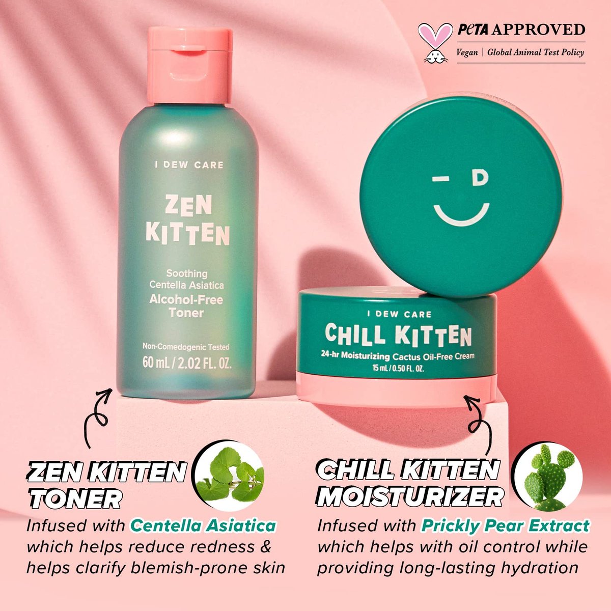 I Dew Care Travel Skincare Set - Kitten Crush: Hydrating Facial Toner & Moisturizer for Blemished Skin with Centella Asiatica, Prickly Pear, Aloe Vera, Heartleaf Extract - görsel 9