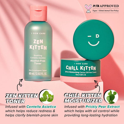 I Dew Care Travel Skincare Set - Kitten Crush: Hydrating Facial Toner & Moisturizer for Blemished Skin with Centella Asiatica, Prickly Pear, Aloe Vera, Heartleaf Extract