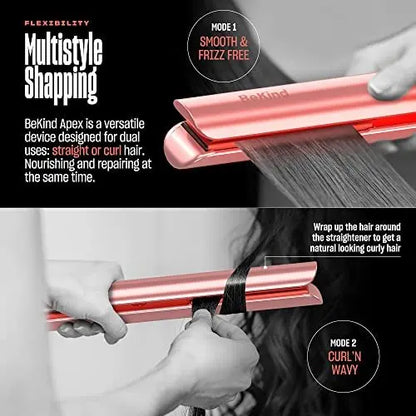 BeKind Apex 2-in-1 Hair Straightener & Curler - 1" Ceramic Flat Iron 460°F, 15s Fast Heat & Temp Memory, UltraSmooth Tech for All Hairstyles - Gift Set for Women (Apex Peach) Avelisse