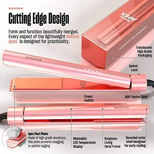 BeKind Apex 2-in-1 Hair Straightener & Curler - 1" Ceramic Flat Iron 460°F, 15s Fast Heat & Temp Memory, UltraSmooth Tech for All Hairstyles - Gift Set for Women (Apex Peach) Avelisse