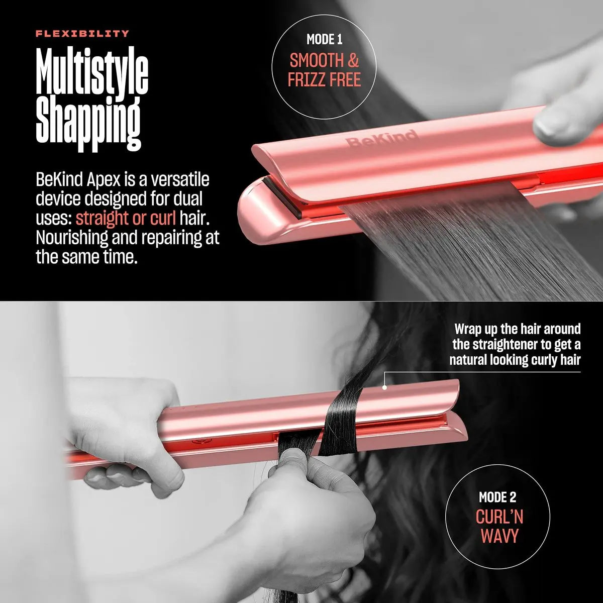 BeKind Apex 2-in-1 Hair Straightener & Curler - 1" Ceramic Flat Iron 460°F, 15s Fast Heat & Temp Memory, UltraSmooth Tech for All Hairstyles - Gift Set for Women (Apex Peach) Avelisse