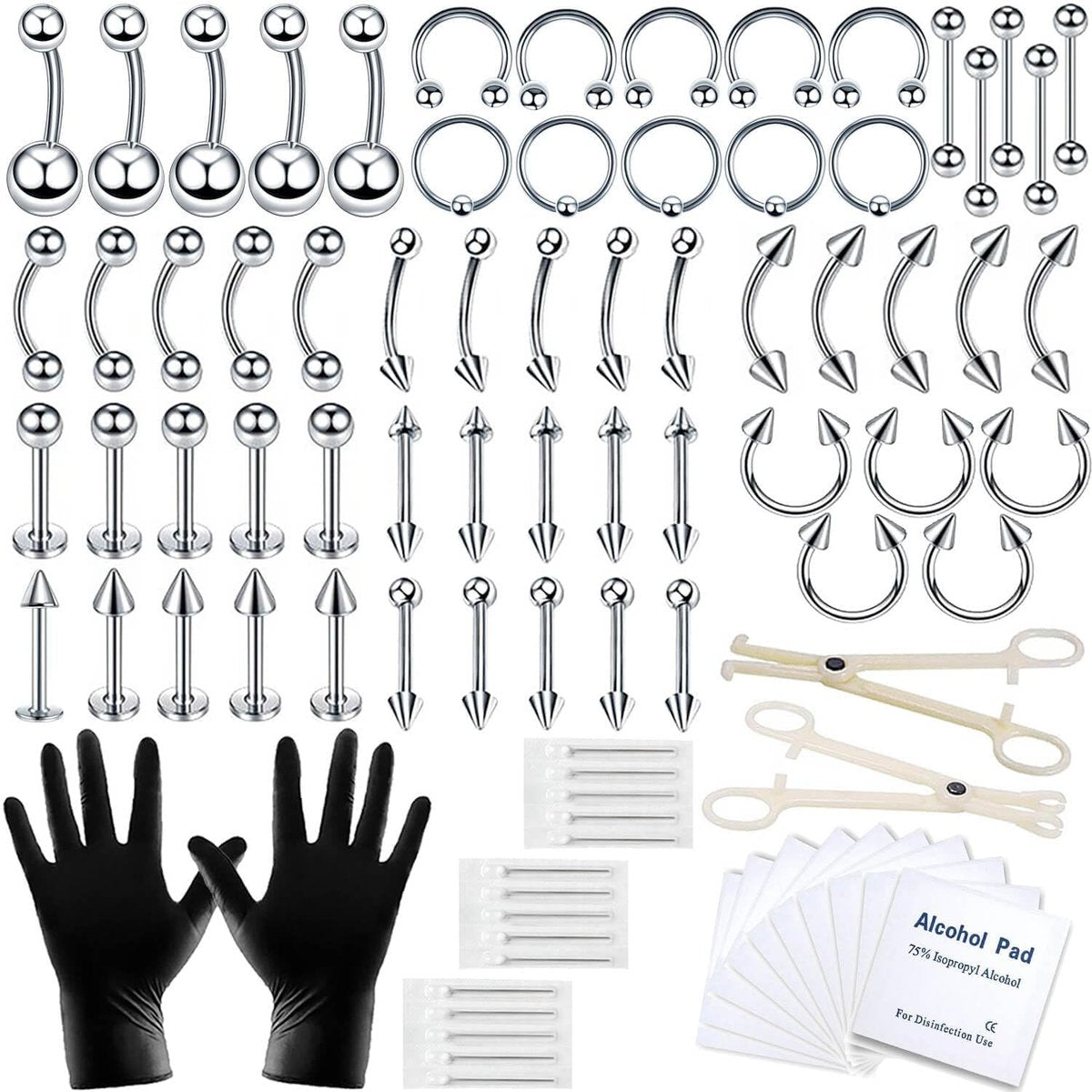 A-minusone 84PCS Body Piercing Kit - Stainless Steel Septum Nose Ear Lip Jewelry Tools, 14G 16G - görsel 1