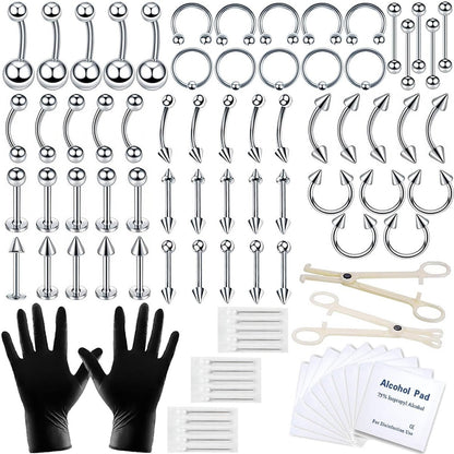 A-minusone 84PCS Body Piercing Kit - Stainless Steel Septum Nose Ear Lip Jewelry Tools, 14G 16G