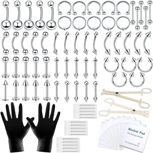 A-minusone 84PCS Body Piercing Kit - Stainless Steel Septum Nose Ear Lip Jewelry Tools, 14G 16G - görsel 2