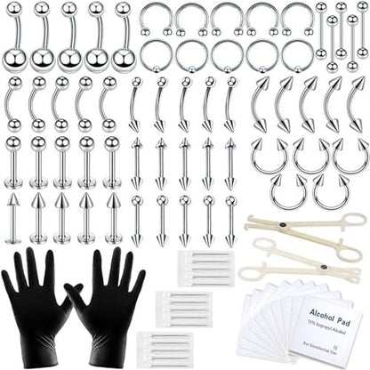 A-minusone 84PCS Body Piercing Kit - Stainless Steel Septum Nose Ear Lip Jewelry Tools, 14G 16G