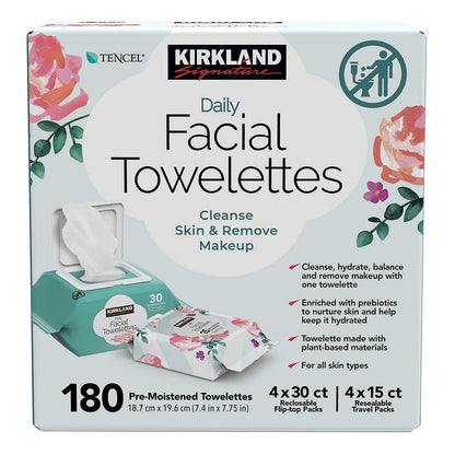 Kirkland Signature Daily Facial Towelettes, 180 Count – Gentle Cotton Cleansing Wipes Avelisse