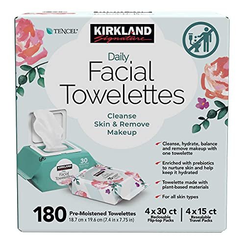 Kirkland Signature Daily Facial Towelettes, 180 Count – Gentle Cotton Cleansing Wipes Avelisse