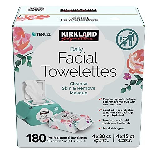 Kirkland Signature Daily Facial Towelettes, 180 Count – Gentle Cotton Cleansing Wipes Avelisse
