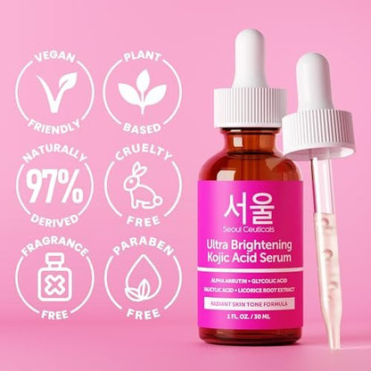 SeoulCeuticals Kojic Acid Serum with Alpha Arbutin & Glycolic Acid – Dark Spot Remover & Hyperpigmentation Corrector, K-Beauty 1oz