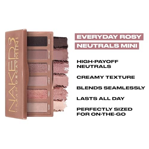 URBAN DECAY Naked 3 Mini Eyeshadow Palette - 6 Soft Pink Shadows, Matte & Shimmer, Ultra-Blendable, Long-Lasting 12HR Wear, Rosy Neutrals, Travel Makeup with Mirror Avelisse