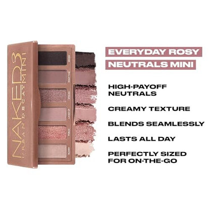 URBAN DECAY Naked 3 Mini Eyeshadow Palette - 6 Soft Pink Shadows, Matte & Shimmer, Ultra-Blendable, Long-Lasting 12HR Wear, Rosy Neutrals, Travel Makeup with Mirror Avelisse