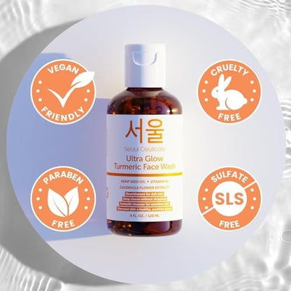 SeoulCeuticals Korean Turmeric Face Wash Cleanser – Vegan & Cruelty-Free Korean Skincare for Dry Sensitive Skin (4 oz) Avelisse