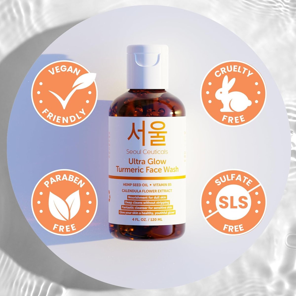 SeoulCeuticals Korean Turmeric Face Wash Cleanser – Vegan & Cruelty-Free Korean Skincare for Dry Sensitive Skin (4 oz) Avelisse