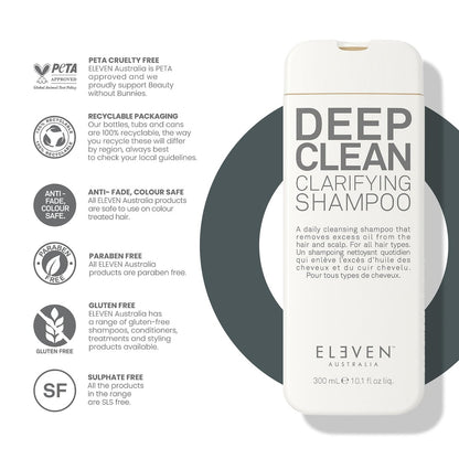 ELEVEN AUSTRALIA Deep Clean Clarifying Shampoo - Sulfate-Free Detox Shampoo for All Hair Types, Removes Build-Up & Purifies Scalp, 10.1 fl oz