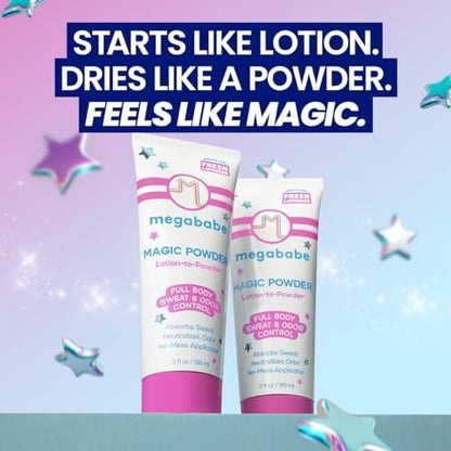 Megababe Magic Powder Stay-Dry Lotion to Powder - Sweat & Odor Absorbing Lotion, Aluminum-Free, Talc-Free, 3 fl oz