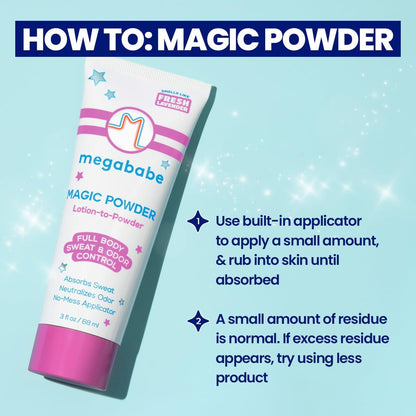 Megababe Magic Powder Stay-Dry Lotion to Powder - Sweat & Odor Absorbing Lotion, Aluminum-Free, Talc-Free, 3 fl oz